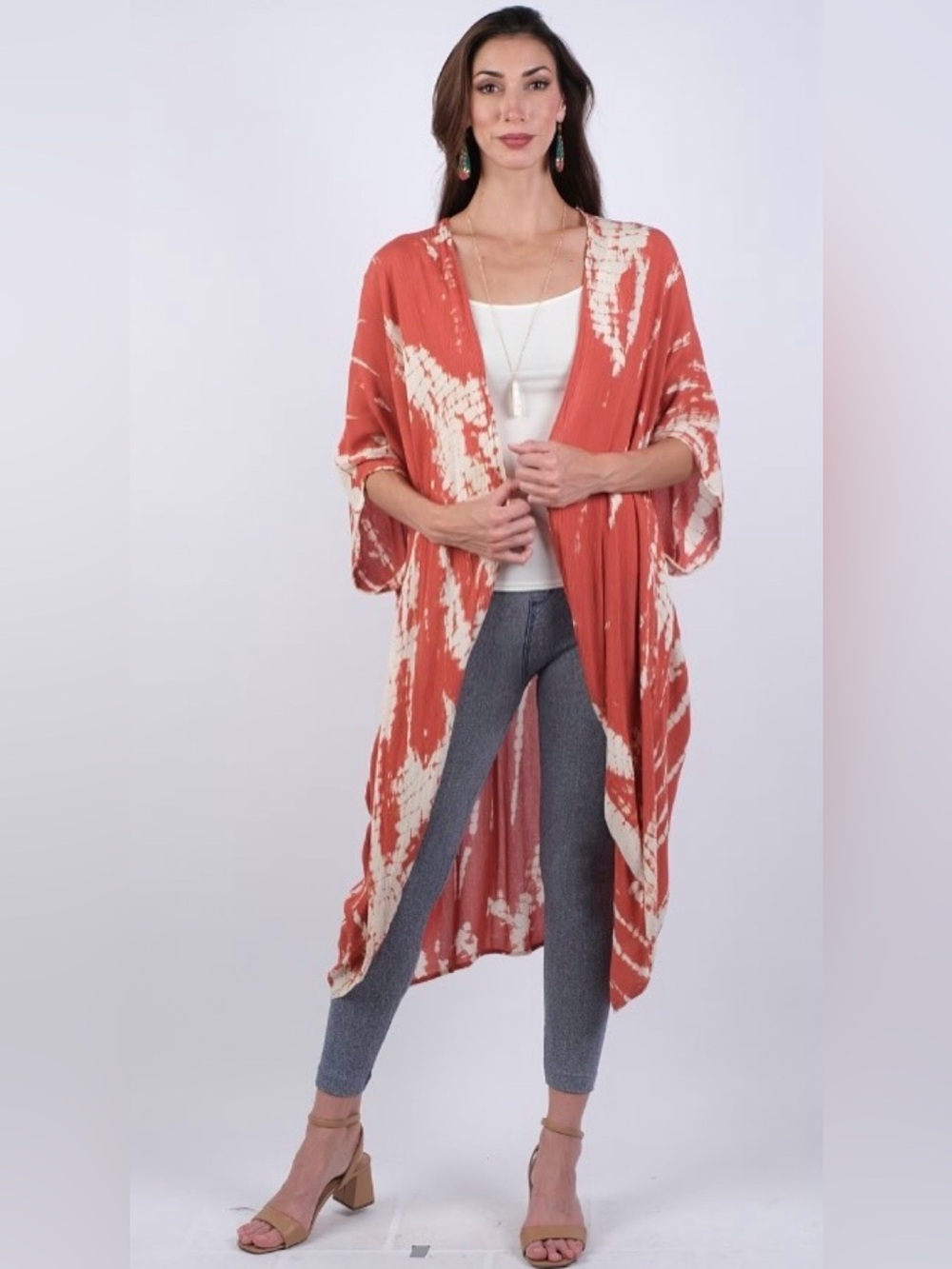Rust & Cream Tie-Dye Duster Kimono. LG/GR/GR01.